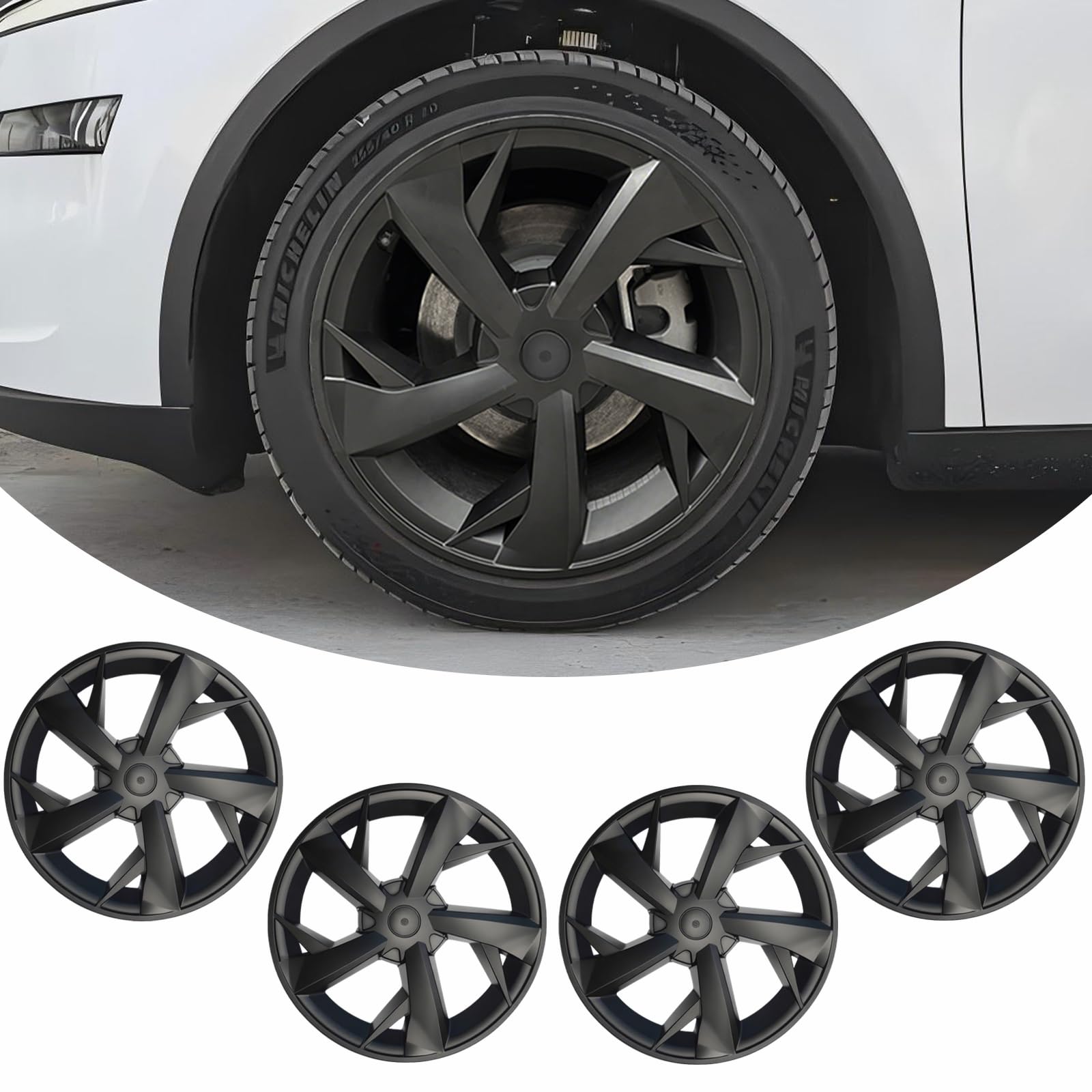 Photo 1 of 4Pcs Hubcaps for Tesla Model Y Juniper 2025-2026 Accessories - Matte Black 19 Inch Wheel Covers - Compatible with Tesla Model Y Juniper Exterior Accessories - Snap-On Installation