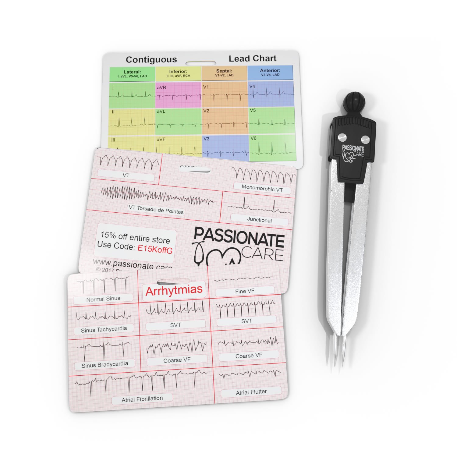 EKG Calipers Plus ECG Rhythm Interpretation Badge Cards, 12 Lead Cheat