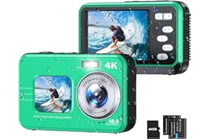 HICSHON Underwater Camera, Selfie Dual Screens 4K 48MP 11FT Autofocus Waterproof Digital Camera for Snorkeling,16X Zoom, 64GB Card, 2 Batteries, Fill Light (Green)