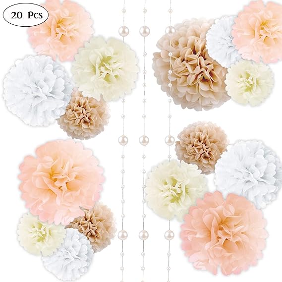 Party Dekor Pom Pom Set (20 Stück): Neutral Color Blumendekorationen, Papier Gewebe Pompons   für Feiern & Events, Geburtstag