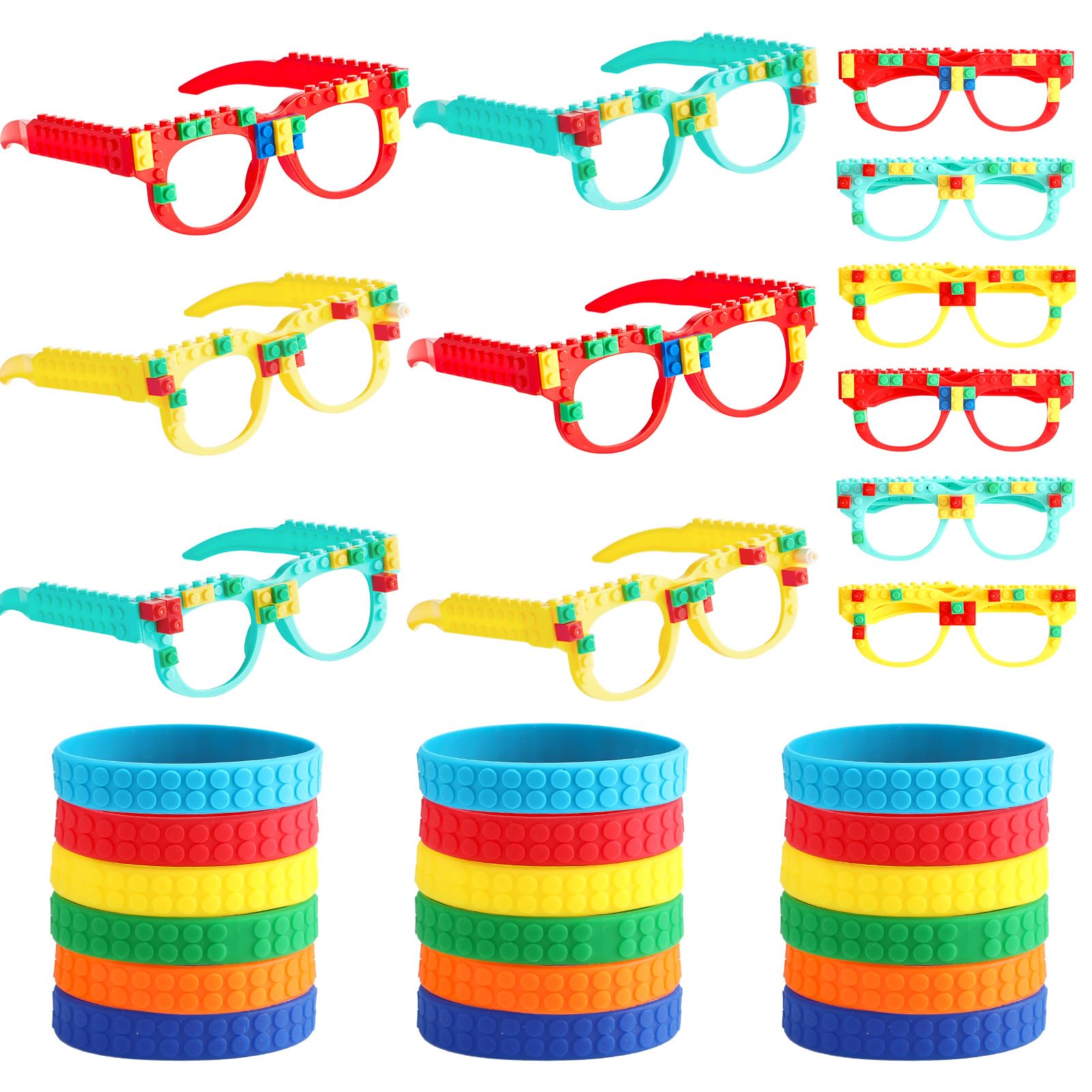 Photo 1 of 24 PCS Building Blocks Glasses Wristbands for Colorful Block Party Favors Set DIY Building Bricks Games Glasses Color Brick Silicone Bracelet for Creative Building Block Birthday Party Supplies