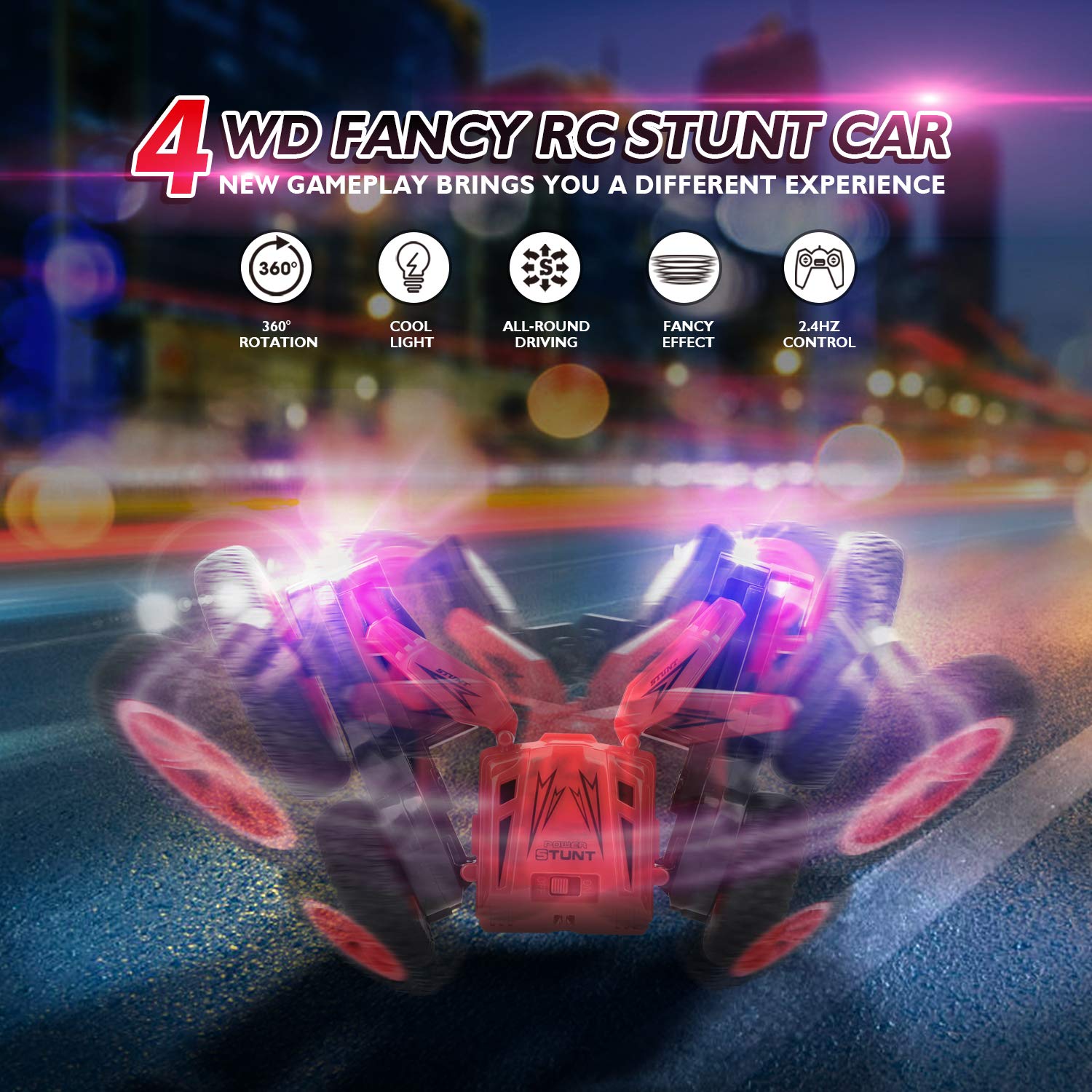 Peradix RC Stunt Car Remote Control Racing Car toy 4WD Double Sided 360 Degree Spins and Flips with LED Lights Cars Toys for boys Children /Kids(Black-Red Stunt car)