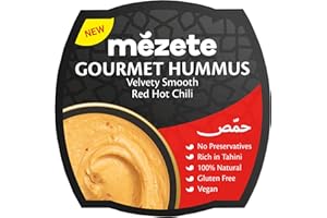 Mezete Red Hot Chili Hummus, 100% All Natural Dips and Spreads, On the Go Tahini Rich Vegan Dip with No Preservatives, Gluten-Free, Shelf-Stable, and No Refrigeration Required, 7.5 Ounce