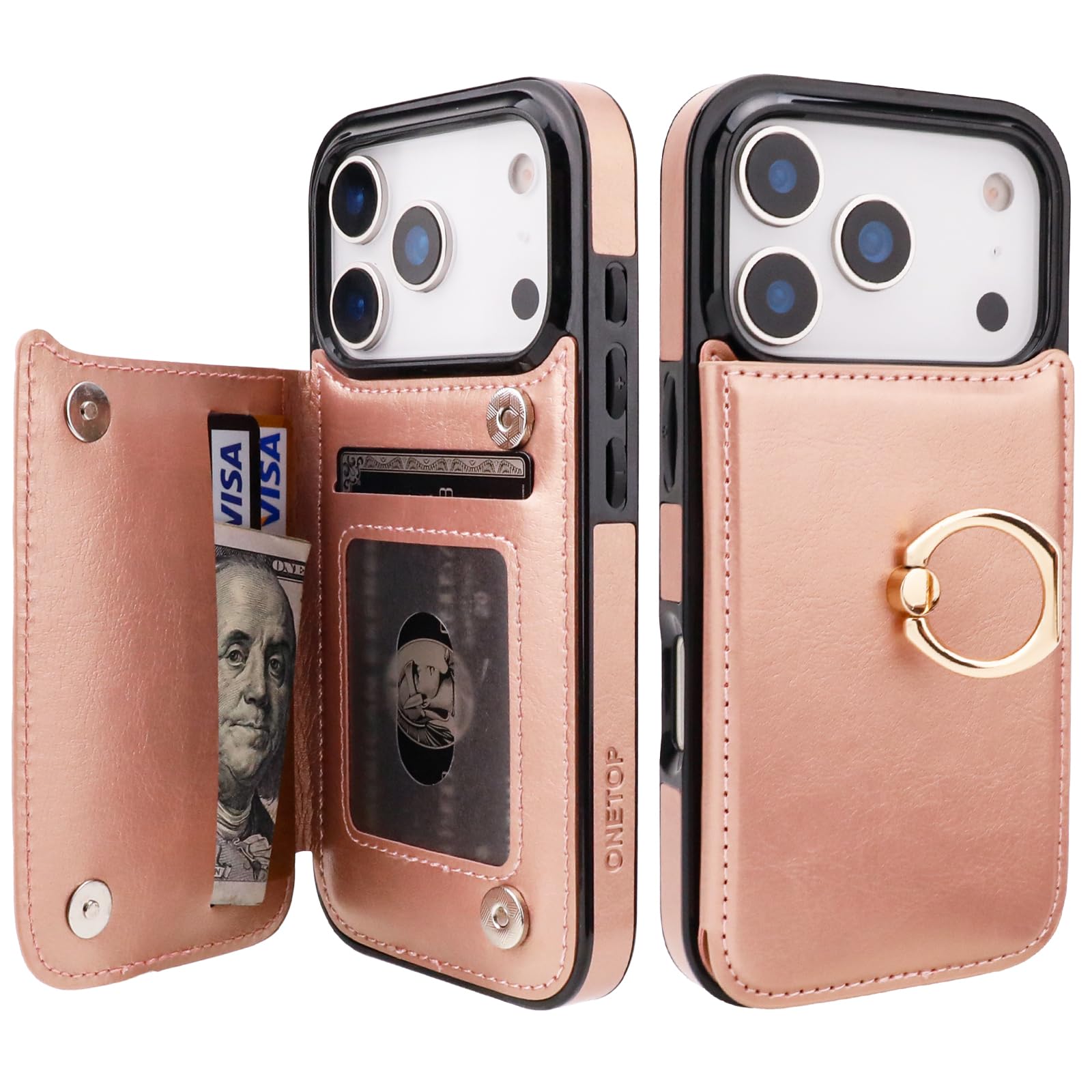 ONETOP for iPhone 17 Pro Wallet Case with Card Holder, 360° Rotation Ring Kickstand RFID Blocking PU Leather Double Magnetic Clasp Shockproof Cover for Women and Girls 6.3 Inch (Rose Gold)