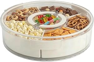 1-Pack 6-Compartment Snackle Box Container, Divided Serving Tray with Lid & Handle, Rotating Lazy Susan Snack Organizer for F
