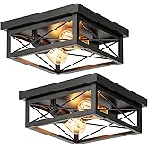 Kondras 2-Light Industrial Square Flush Mount Ceiling Light, Farmhouse Ceiling Light Fixture for Kitchen, Modern Black Close 