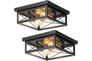 Kondras 2-Light Industrial Square Flush Mount Ceiling Light, Farmhouse Ceiling Light Fixture for Kitchen, Modern Black Close to Ceiling Light for Hallway Bedroom Balcony Porch Stairway, E26, 2-Pack