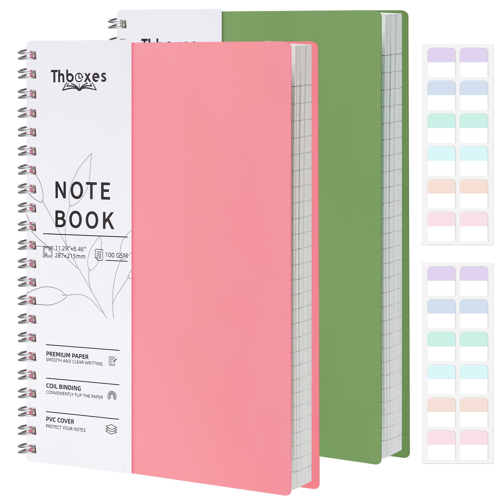 Thboxes 2 Pack A4 Spiral Notebook, 400 Pages College Ruled Notepad Wirebound Notebook, 100GSM Thick Paper for Women Men Office School, PVC Hardcover, 21.5 x 28.7cm (Pink & Green)
