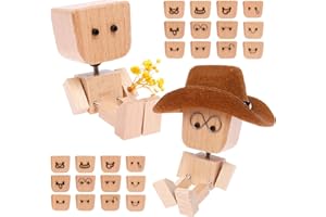 Shaking Wooden Man Figurine, Shaking Feet Woodens Doll with 12PCS Magnetic Expressions, Wood Car Desktop Decoration,Handmade 