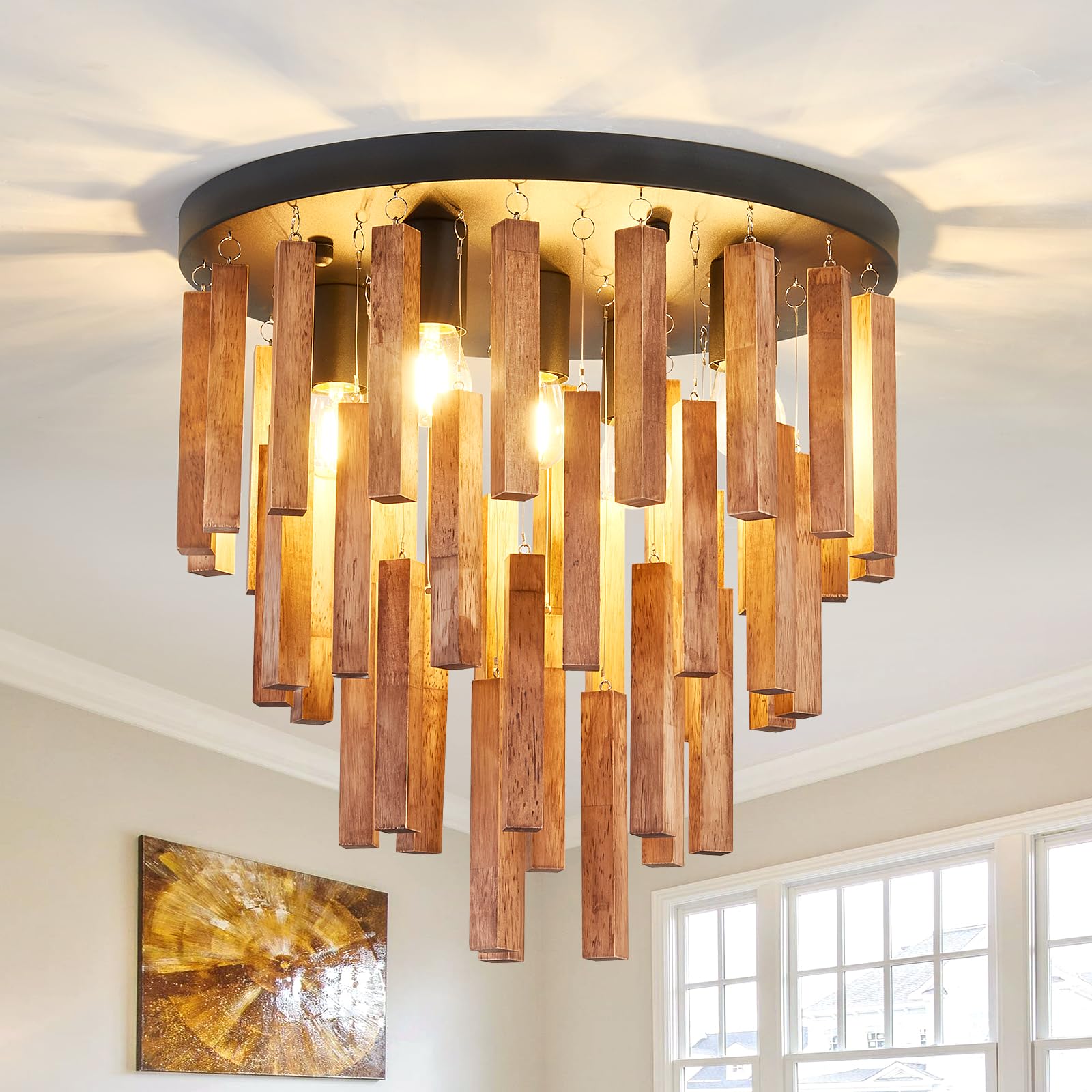 UOFUS 16.5inch 5-Light Rustic Wood Flush Mount