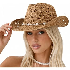 TARPETUR Straw Cowgirl Hat for Women Men - Western Cowboy Country Beach Hat with Chain, Wide Brim Sun Protection, Khaki