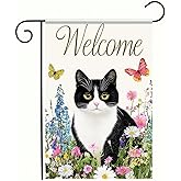 BlissYard Spring Welcome Black White Cat Garden Flag 12×18 Inch Double Sided Small Black Cat Flower Floral Garden Yard Flags for Spring Summer Outside Outdoor House Seasonal Decoration Flag