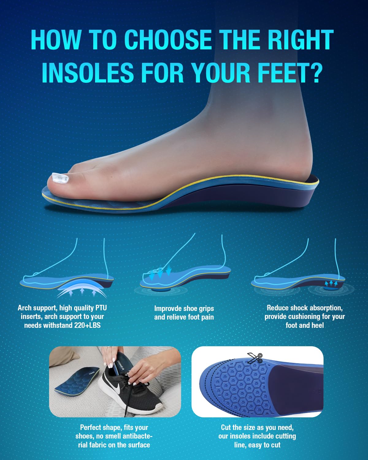 Arch Support Shoe Inserts, Hollow Structural Shock Absorbing, Orthotics Cushioning Shoe Insoles for Relieve Plantar Fasciitis, Achilles Tendonitis, Flat Feet, High Arch (S)