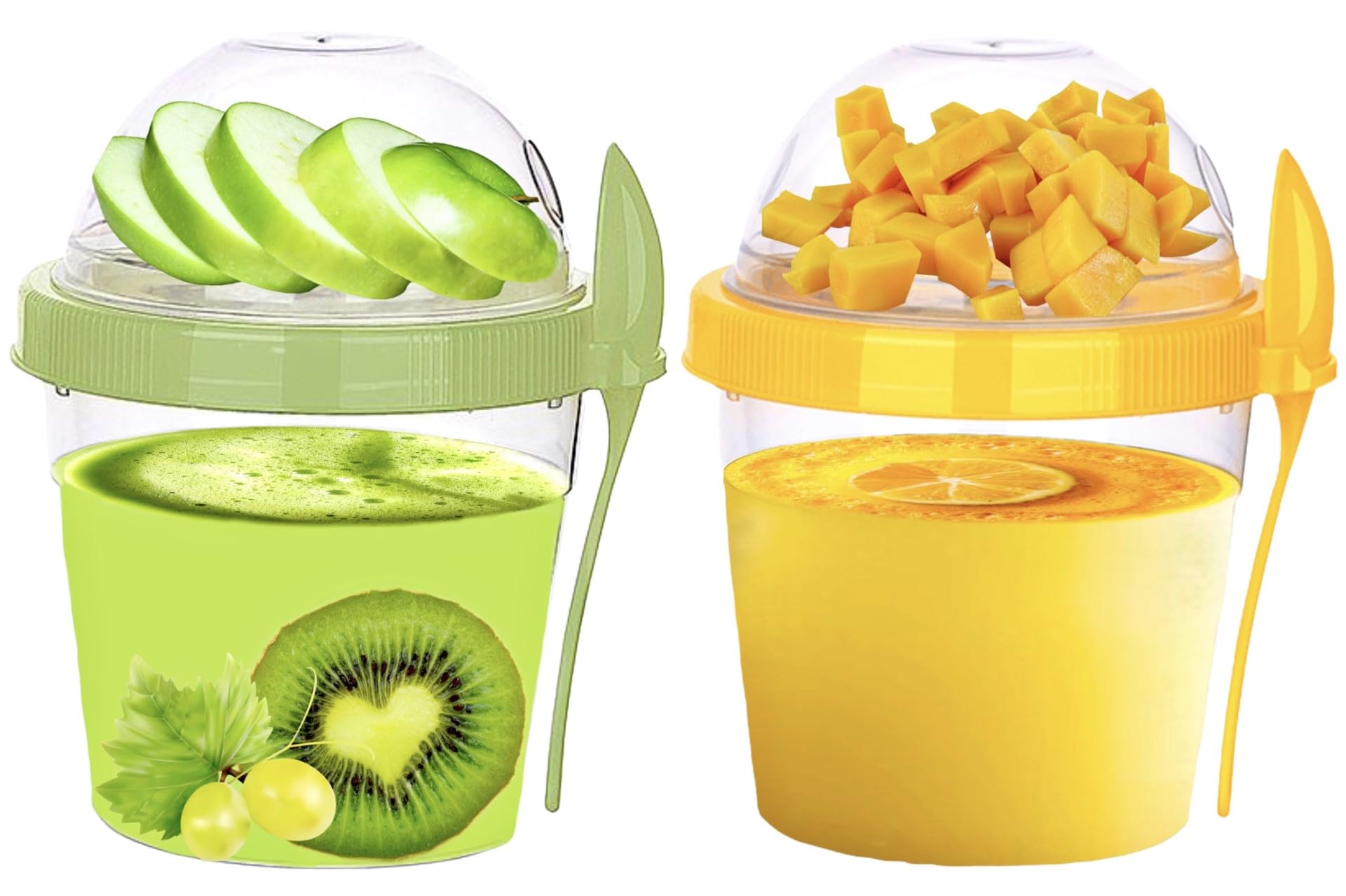 4All Yogurt Cup and Spoon 500ML Reuseable BPA free Breakfast Pot Museli Cup Spoon With Lid Cereal Containers Oatmeal Jars Cereal Container Green,Yellow