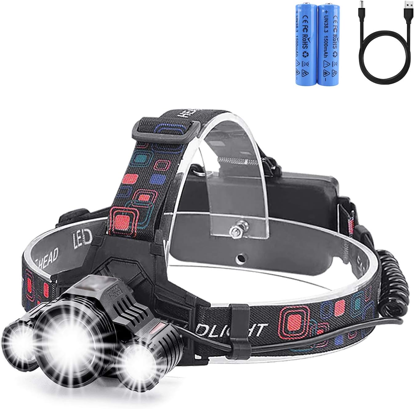 Head Lamp Rechargeable Headlamp,3 LED 4 Modes 18650 USB Rechargeable Adjustable Zoom Waterproof Flashlight Head Lights for Camping Hiking Outdoors