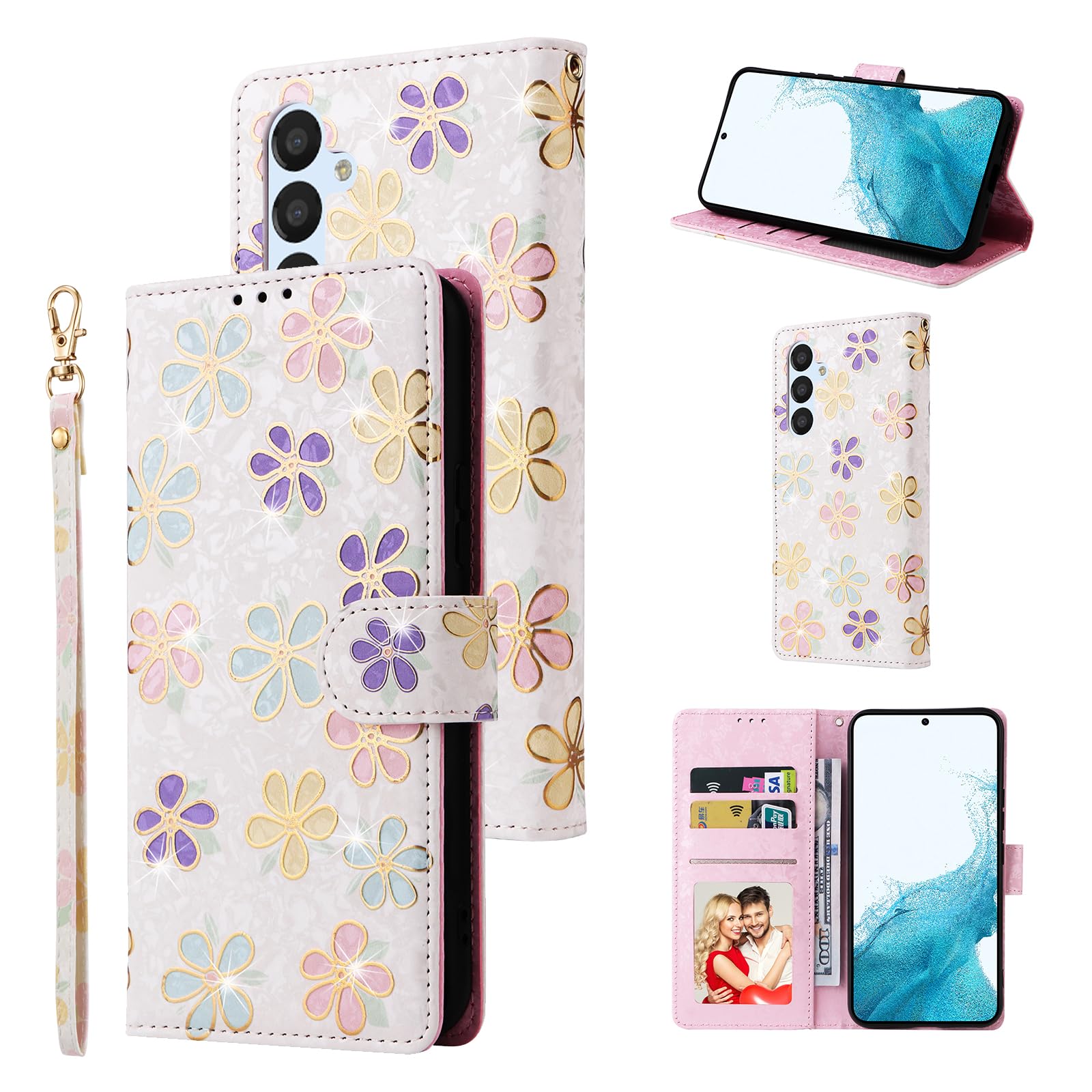 Photo 1 of UEEBAI Wallet Case for Samsung Galaxy S25 5G, PU Leather Phone Case Kickstand RFID Blocking Flip Case Card Slots Wrist Strap Relief Engraved Pattern Magnetic Closure Flower Folio Case, White Daisy