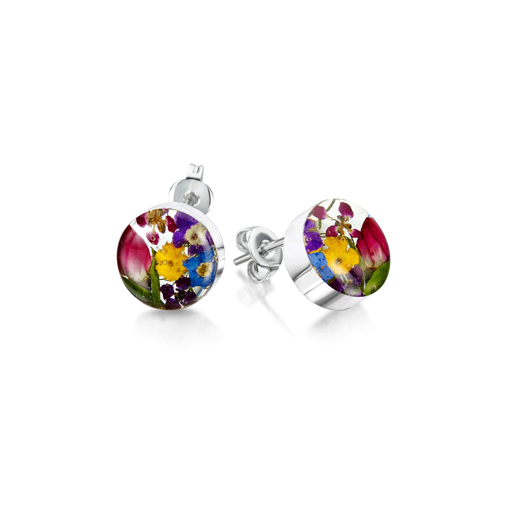 Shrieking Violet 925 Sterling Silver Round Real Flower Stud Earrings - Assorted Flowers (Multicolour)