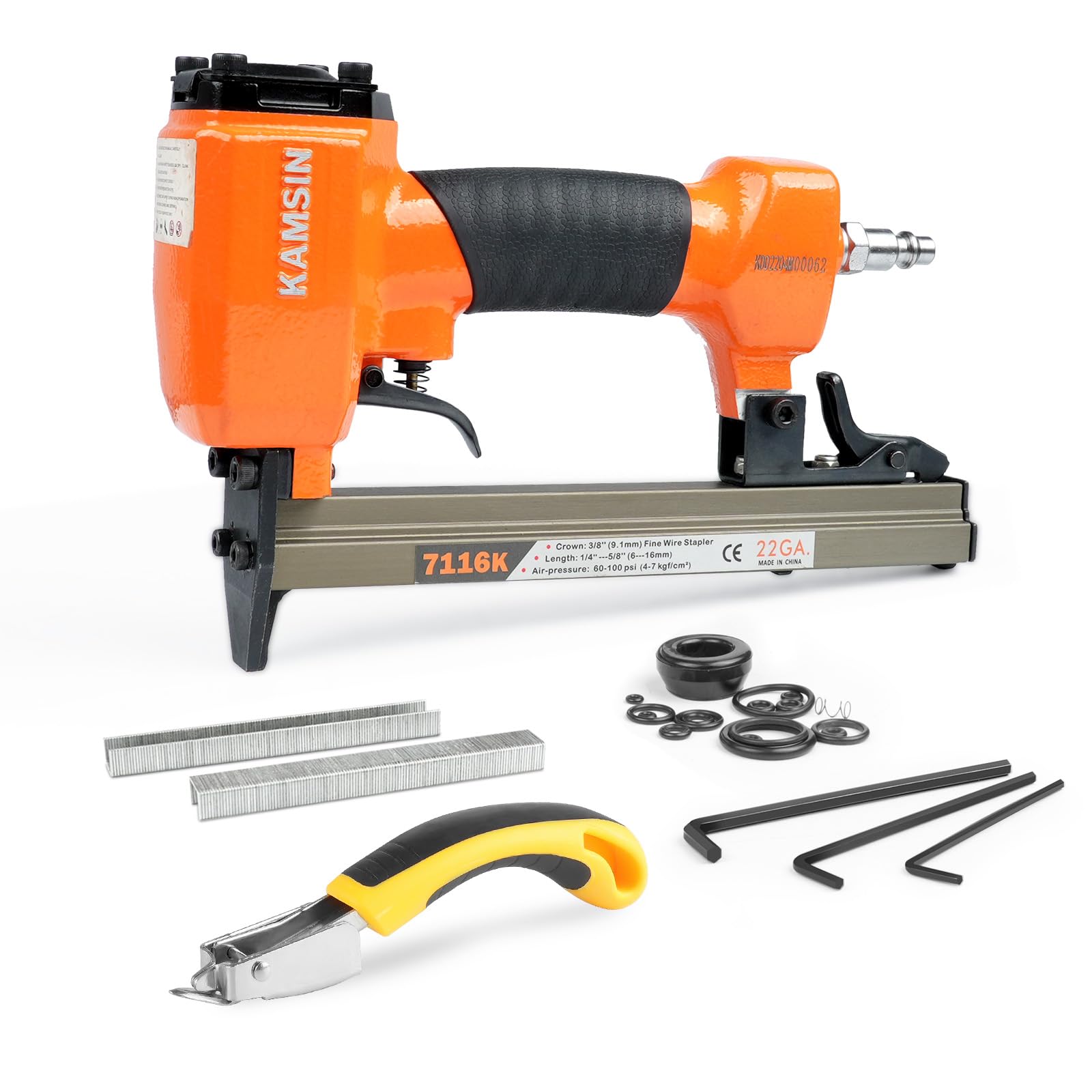 Kamsin 7116K Type 71 Pneumatic Upholstery Staple Gun with 300 Staples, 22 Gauge 9.0mm Crown 6-16mm Staples Upholstery Stapler, 1/4" BSP Air Connector Fine Wire Staple Gun for Furniture, Woodworking