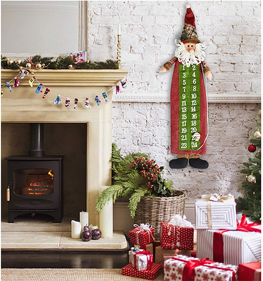 MGparty Clever Creations Christmas 24 Day Hanging Cloth Advent Calendar Red Santa Hanging Countdown Pockets for Christmas Home Door Wall Decoration