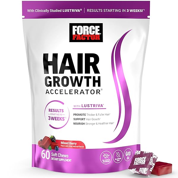 FORCE FACTOR HAIR GROWTH ACCELERATOR SOFT CHEWS, HAIR GROWTH VITAMINS FOR WOMEN AND MEN WITH CLINICALLY STUDIED LUSTRIVA AND BIOTIN, PROMOTES THICKER, FULLER, STRONGER HAIR, MIXED BERRY, 60 SOFT CHEWS