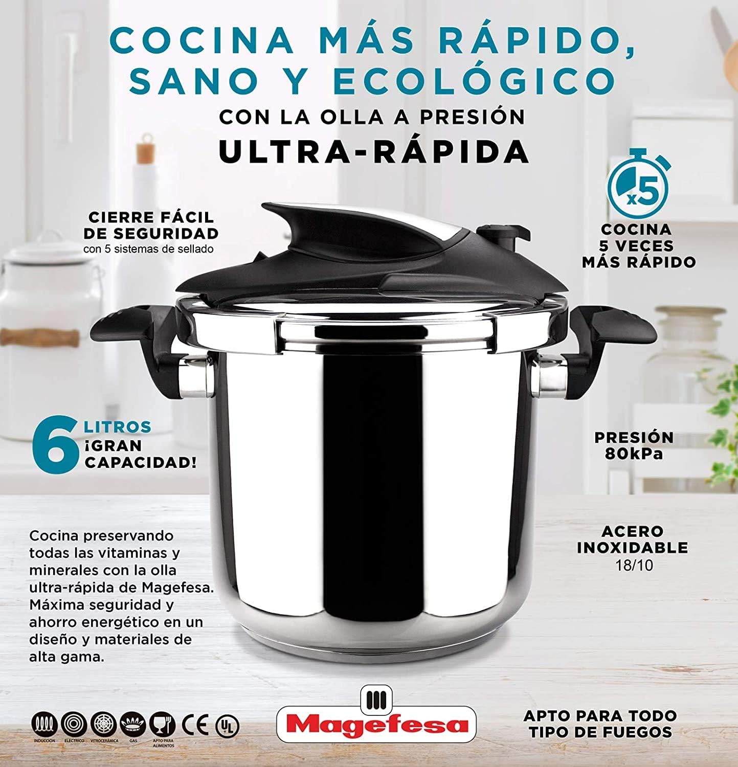 MAGEFESA Nova Olla a presión Super rápida de fácil Uso, Acero Inoxidable 18/10, Apta para Todo Tipo de cocinas, Incluido inducción. (4L+6L)