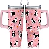 40oz Boston Terrier Dog Tumbler with Handle and Straw, Funny Stainless Steel Insulated Cup with Lid and Straw, Travel Coffee Mug Water Bottle, Birthday Mothers Day Gifts for Women Men Animal Lovers