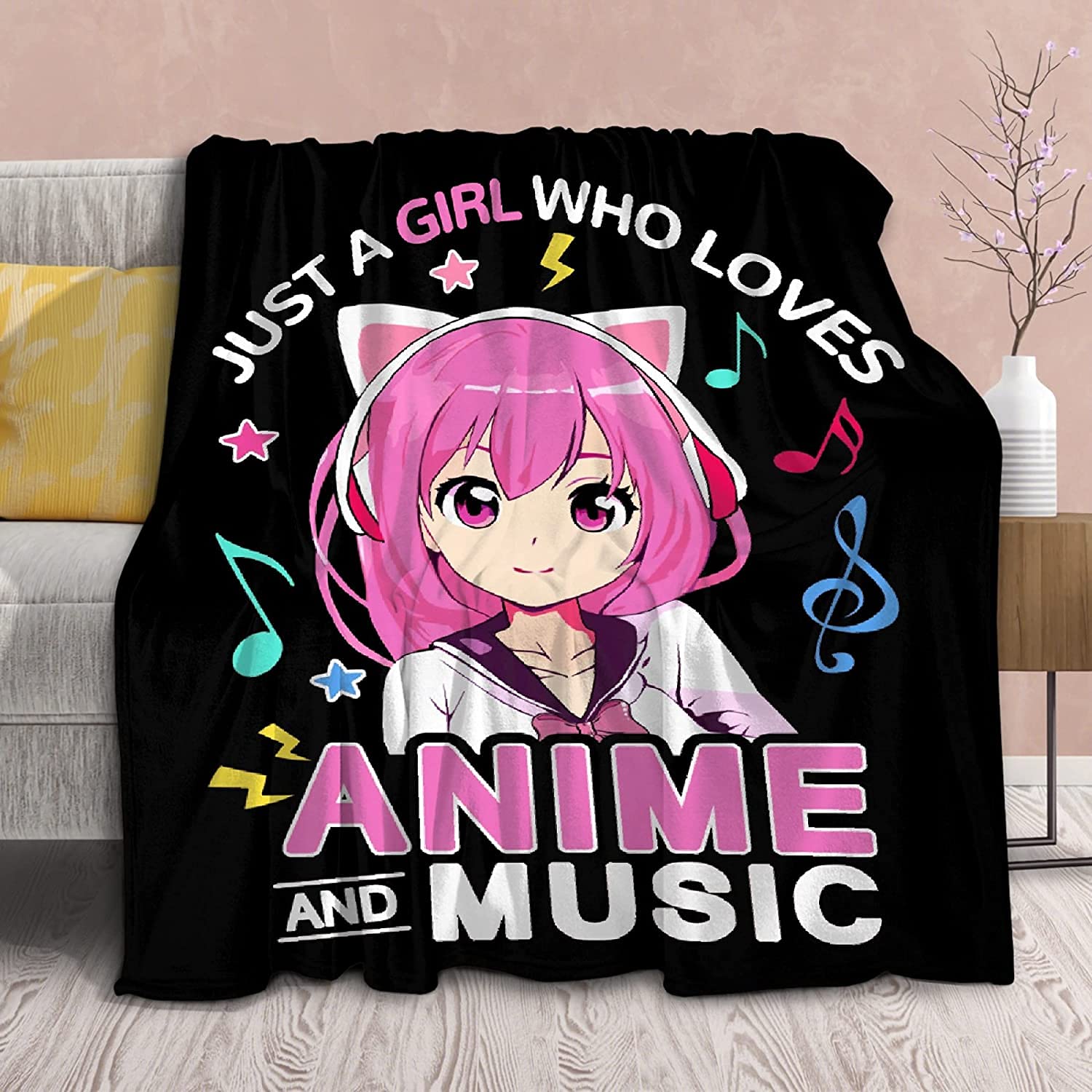 Anime Blanket, Music Fleece Cartoon Throws,-Just Girl Who Loves Axolotls-Gift for Girls Women Loves Japanese Manga,Super Soft Lightweight Flannel Blankets