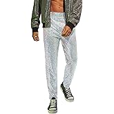 WDIRARA Men's Contrast Sequin Carrot Pants Elastic Waist Skinny Straight Leg Pants