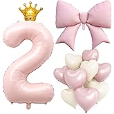 LilyZheng Pastel Pink Number 2 Foil Balloon Set, Baby Pink 2 Balloon & Bow, with Gold Crown, Pink & Cream Heart Balloons for Girls’ 2nd Birthday, Baby Shower and Princess Party Decorations