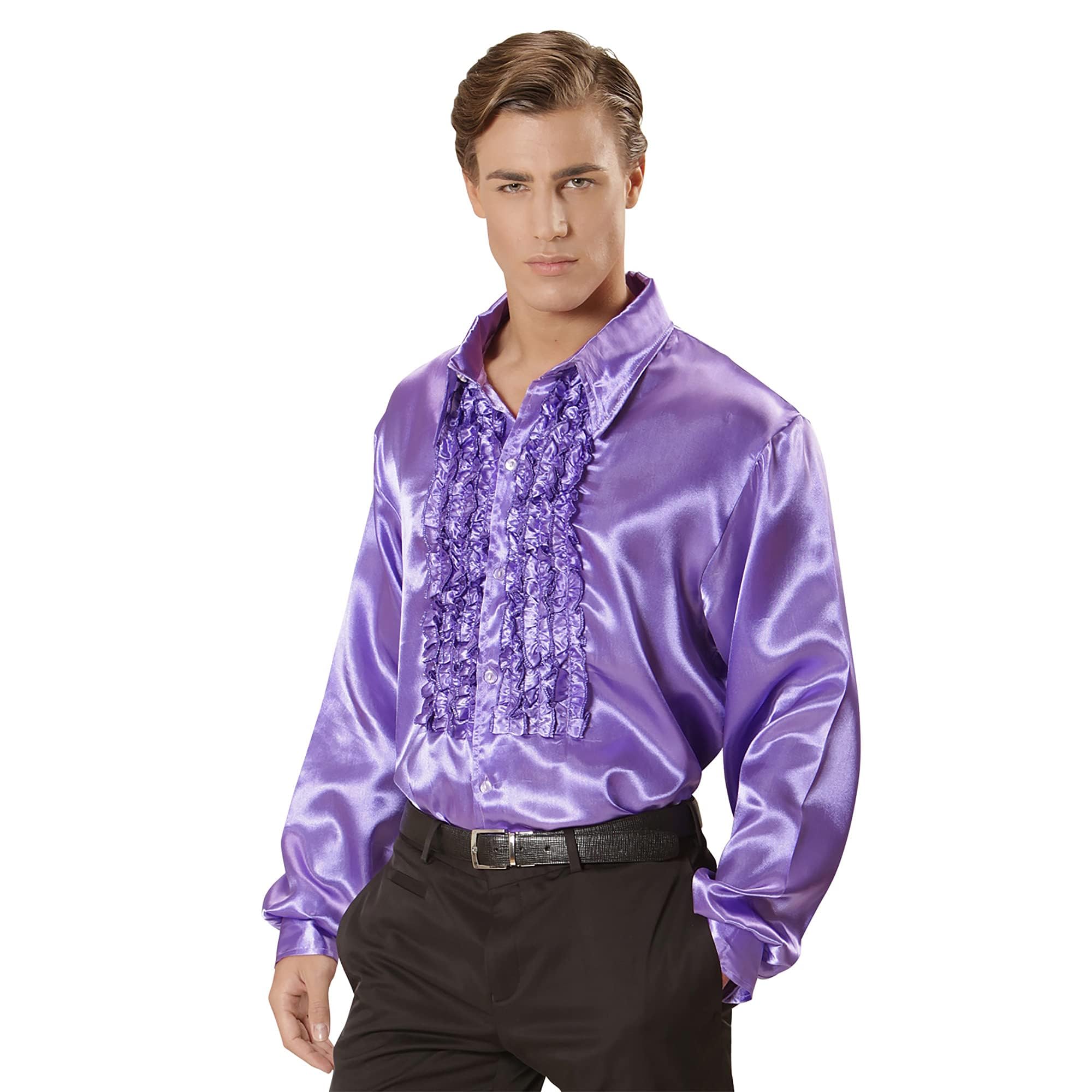 Widmann 01178-70s Disco Style Shirt, Adult Man, Made of Satin, With Ruffles, Carnival, Disco, Size ML, Purple Color