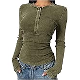 WDIRARA Women's Henley Tunic Shirts Crew Neck Long Sleeve Tees Basics Rib Knit Fitted Tops