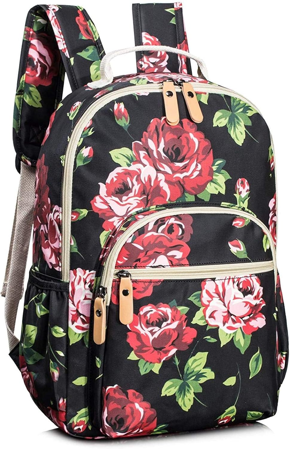 black backpack with flowers