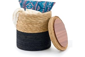 Wimarsbon Storage Pouf Ottoman, Hand Weaving Natural Straw Foot Stool, Bohemian Round Patio Ottomans, Rustic Lounge Pouffe, Outdoor Extra Seat for Garden (14inch Cattail+Black Corn Husk L)