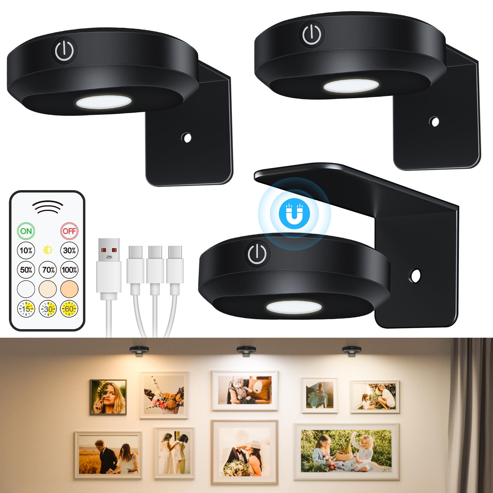 2-Pack Wireless Picture Lights With Remote - Rechargeable Dimmable Art Display Lights