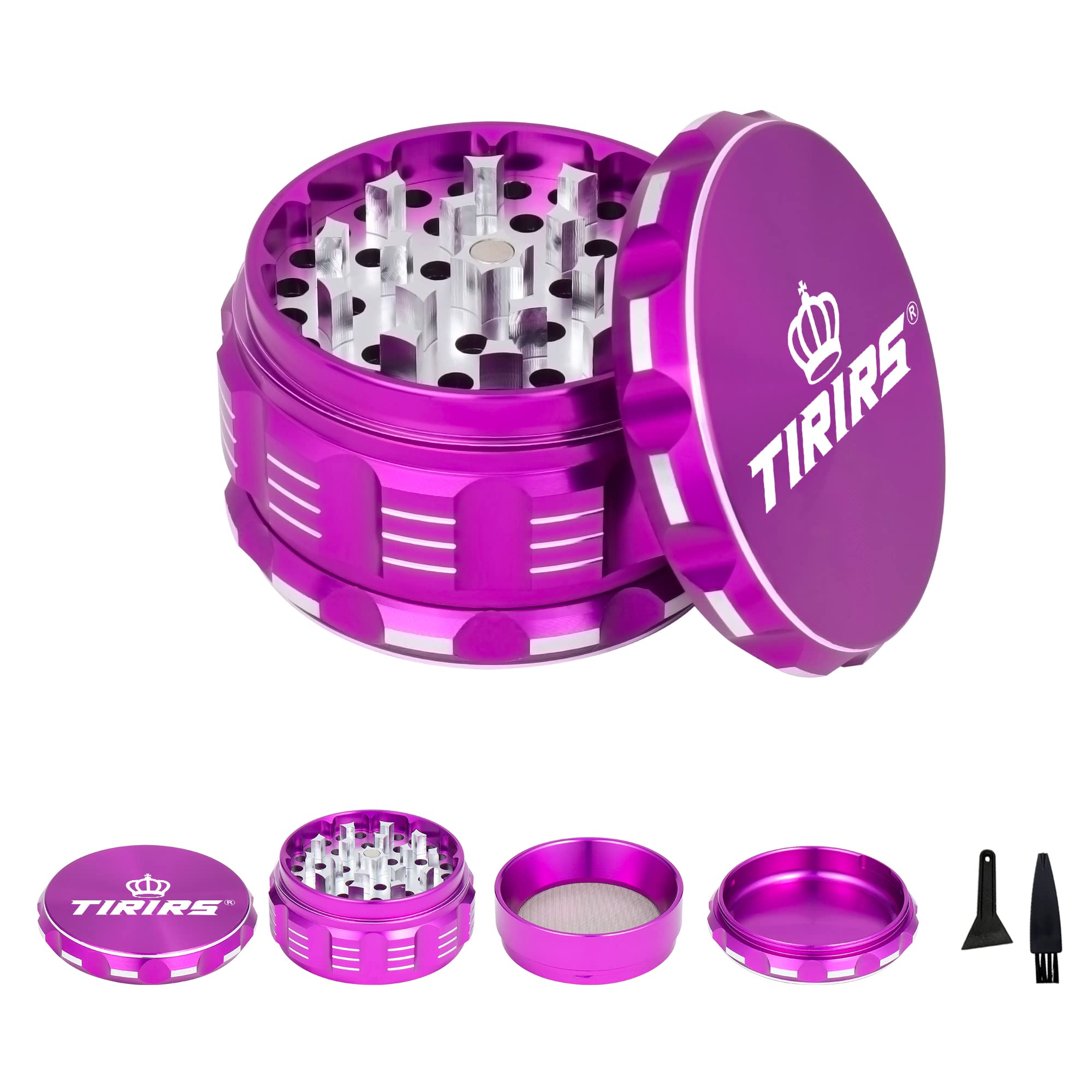 TIRIRS 3 Inches 4 Pieces Premium Herb Grinder - Aluminium Large Spice Grinder with Pollen Catcher, Comes with Pollen Scraper and Cleaning Brush, Purple