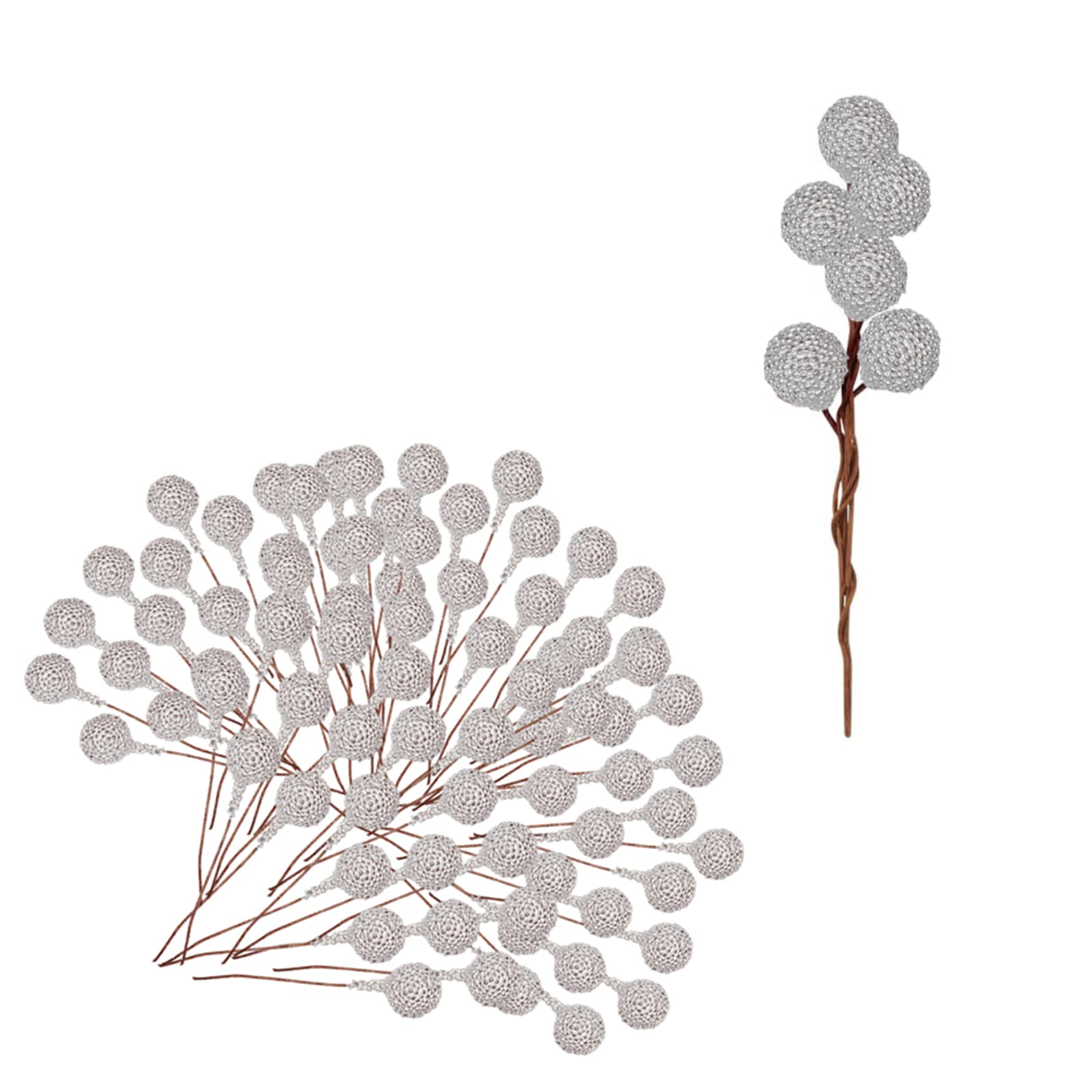 Mienocol 100pcs Christmas Artificial Frosted Fruit Berry, 1.4cm Silver Twig Stem Fruits Picks for Winter Wreath Making, Xmas Tree Decorations Supplies