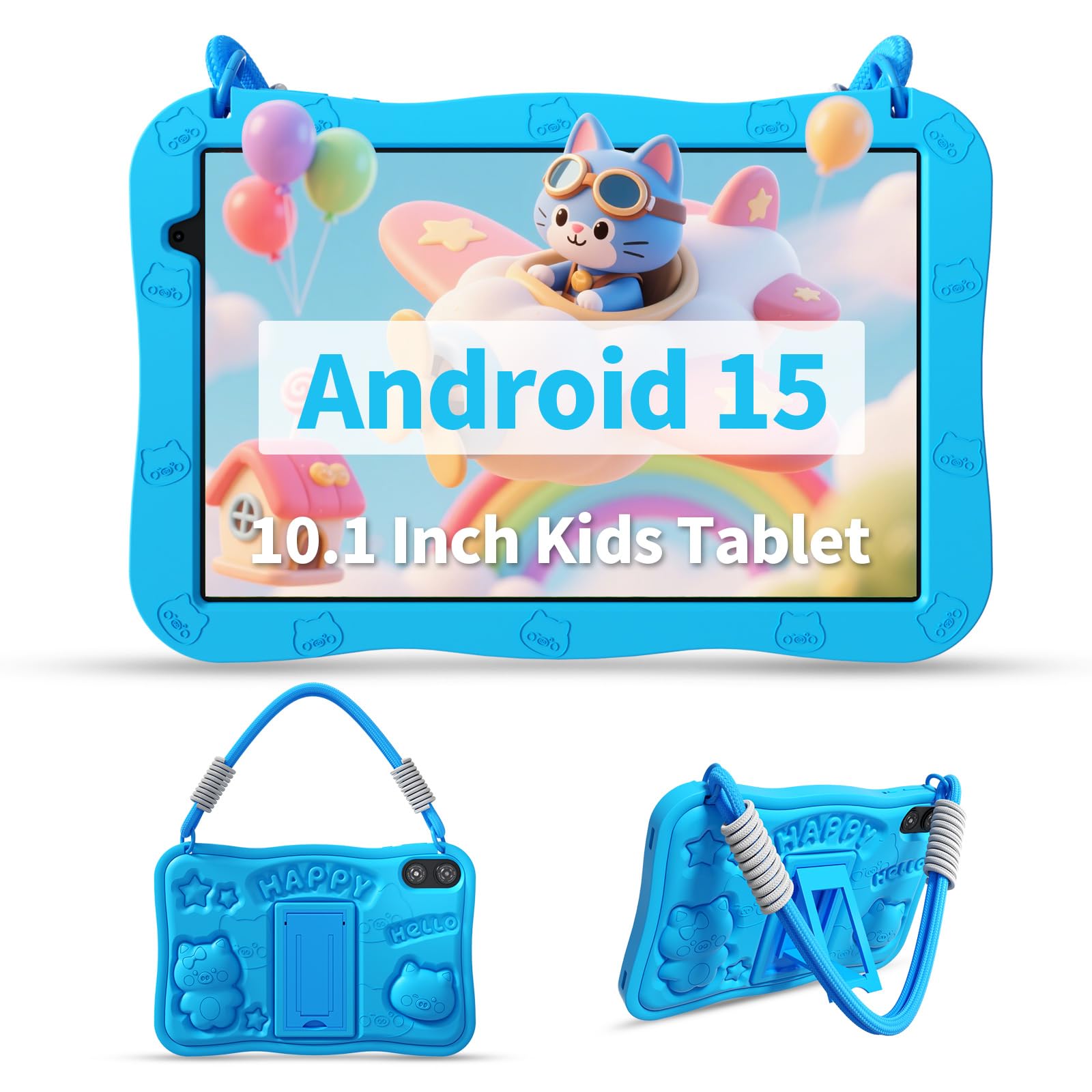 VASOUN Android 15 Kids Tablet 10.1" HD IPS Display 8GB RAM (3+5GB Extended) 32GB Storage 6000mAh Battery WiFi 6 Parental Controls & Lanyard Included(Blue)