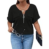 Viracy Plus Size Top for Women Short Sleeve Blouses Zip-up V Neck Top Womens Fashion 2025 Trendy Casual Work Shirt 1X-5X
