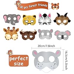 Blulu 32 Pcs Safari Animal Masks for Kids Jungle