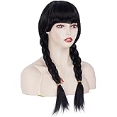 NJJYXH Long Black Wigs with 2 Pigtails for Women 20 Inches Synthetic Wig with Bangs for 70s 80s Cosplay,Halloween Party or Daily Use