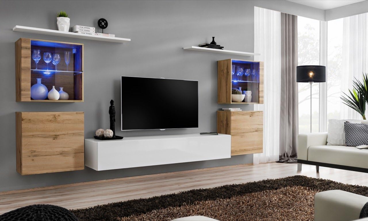 Domadeco Soho 14 modern unique furniture for living room wall mounted cabinets Color (White & Oak)