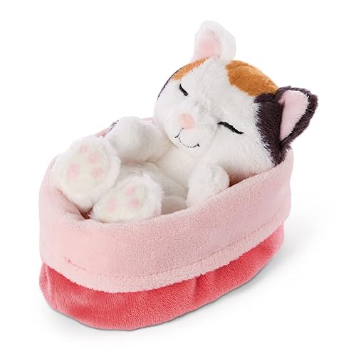 NICI Soft Toy Cat in red-pink basket 16 cm - Sleeping Kitties cuddly toys for Girls, Boys & Babies - Plush stuffed animal cats for playing, cuddling & sleeping with