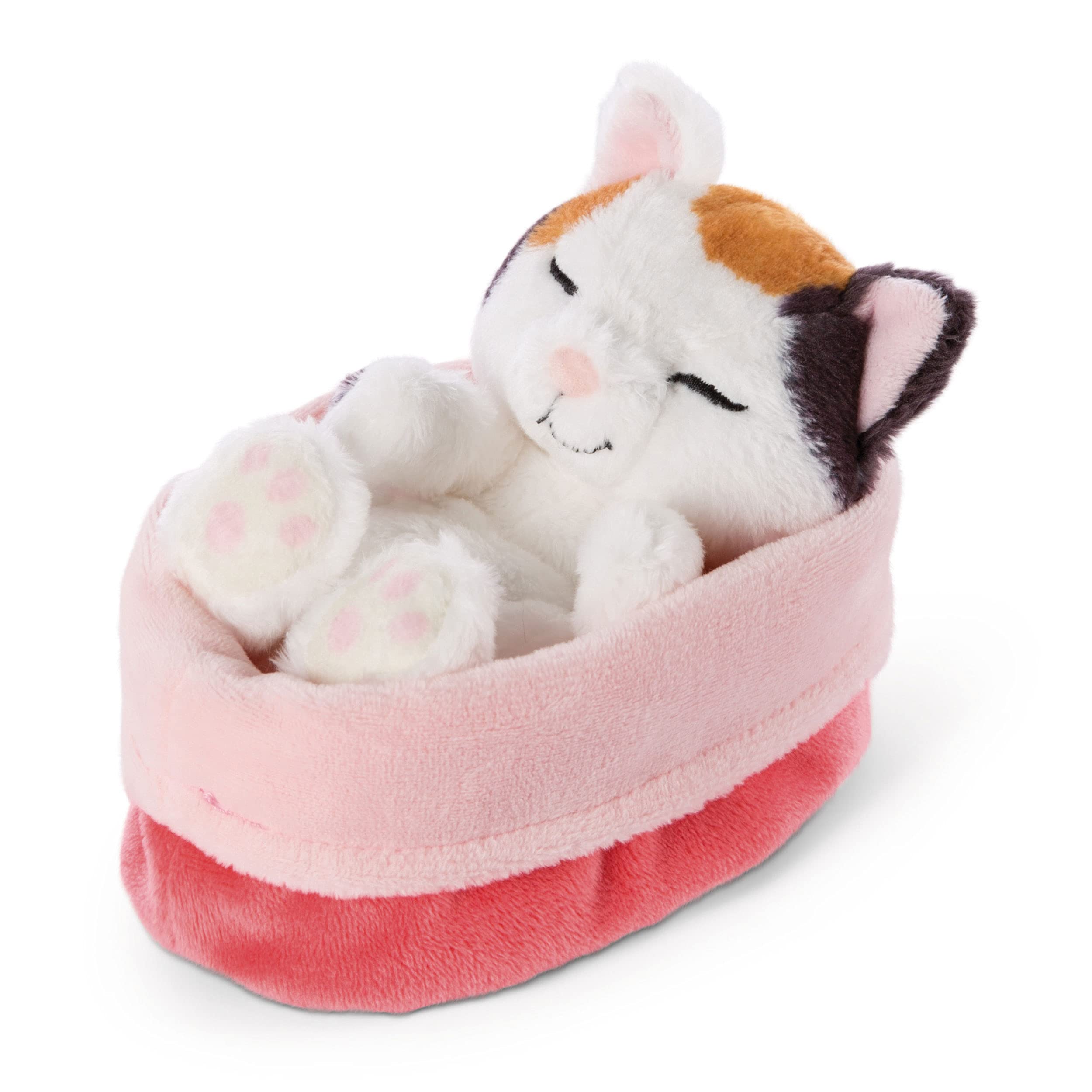 NICI Soft Toy Cat in red-pink basket 16 cm - Sleeping Kitties cuddly toys for Girls, Boys & Babies - Plush stuffed animal cats for playing, cuddling & sleeping with