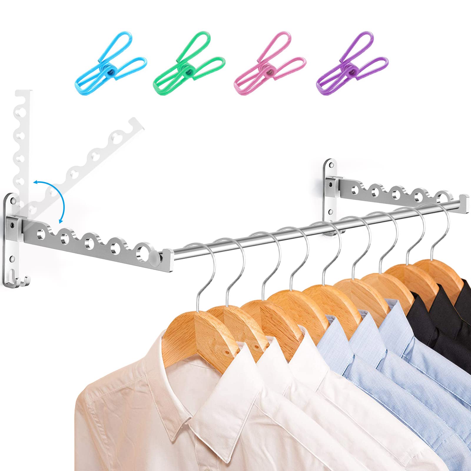 LIVEHITOP Wall Mounted Clothes Rack, Space Saving Wall Hanger Airer Hanging Rail Rod for Laundry Bedroom Bathroom (Silver, 2)