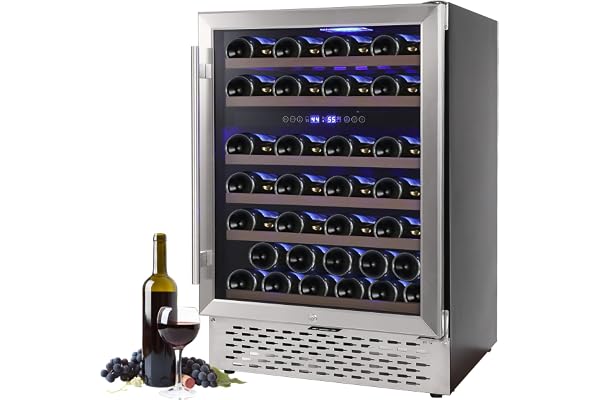 Wine Cooler Refrigerator 51 Bottles Compressor Dual Zone Built-in or Freestanding Fridge with Seamless Stainless Steel & Triple-Layer Tempered Reversible Glass Door and Temperature Memory Function