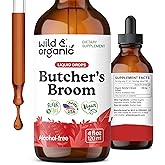 Wild & Organic Butchers Broom Tincture - Leg Support Supplement - Ruscus Aculeatus Root Drops - Herbal Butchers Broom Supplement - Vegan, No Alcohol & Sugar - 4 fl oz