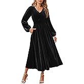 ZESICA Women's Velvet Midi Dress 2026 Casual V Neck Long Sleeve Solid Color Elastic High Waist Flowy Evening Party Dresses