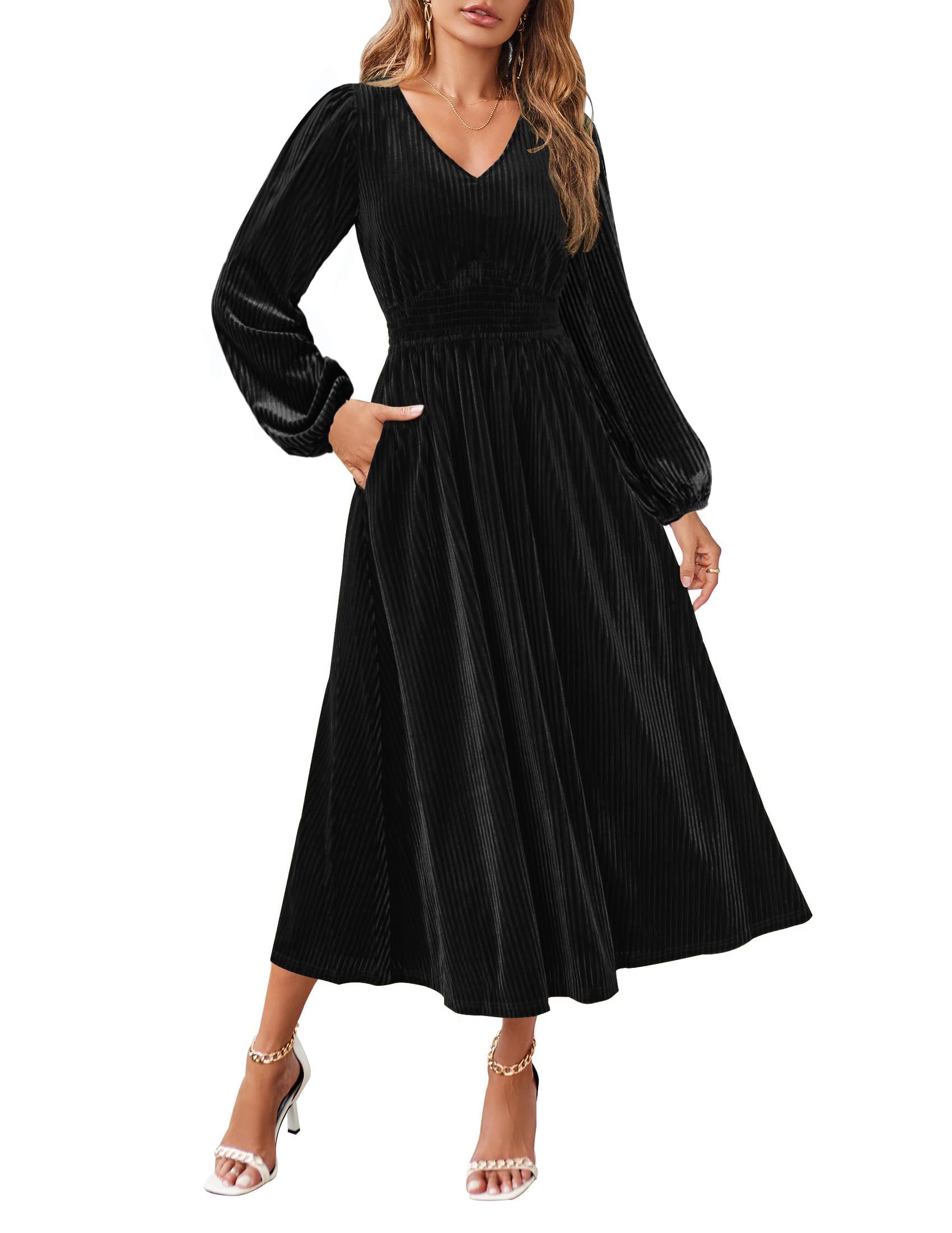 Photo 1 of ZESICA Women's Velvet Midi Dress 2025 Casual V Neck Long Sleeve Solid Color Elastic High Waist Flowy Evening Party Dresses Black Large