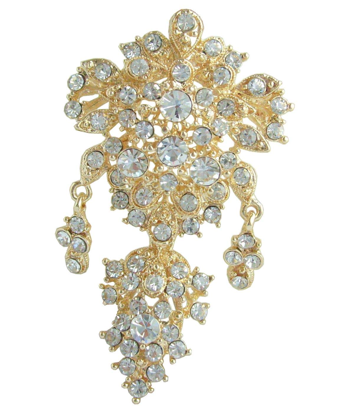 Sindary 2.95 Inch Flower Brooch Pin Pendant Austrian Crystal UKB3543 (Gold-Tone Clear)