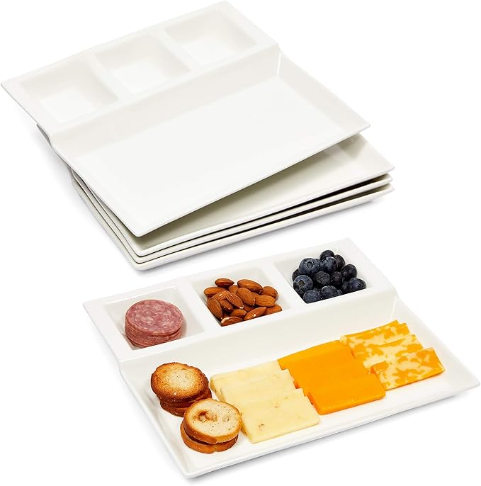 Divided Serving Platters, White Ceramic Appetizer Trays (10.25 x 8.6 In